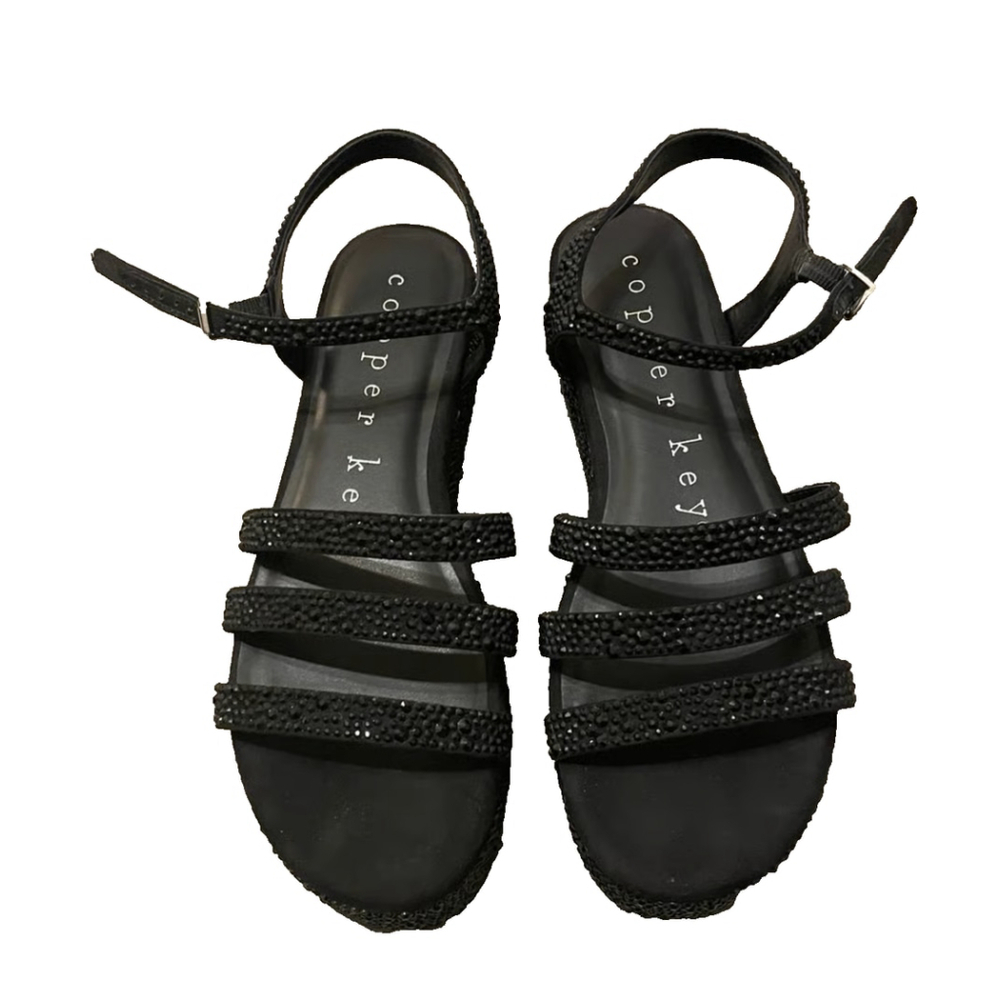 Copper Key Women's Glittering Black Platform Wedge Sandals size 9